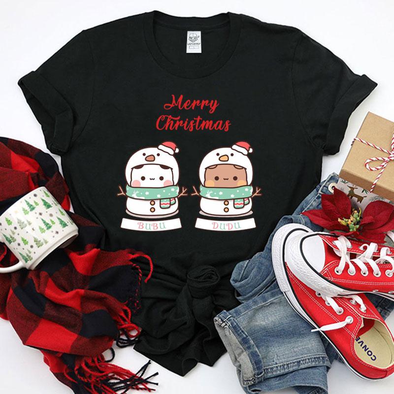 Kawaii SnowUnisex Bubu Dudu Christmas Graphic Tshirt Trendy Funny Cartoon Panda Printing Women Shirt Fashion Holiday Cotton Tees