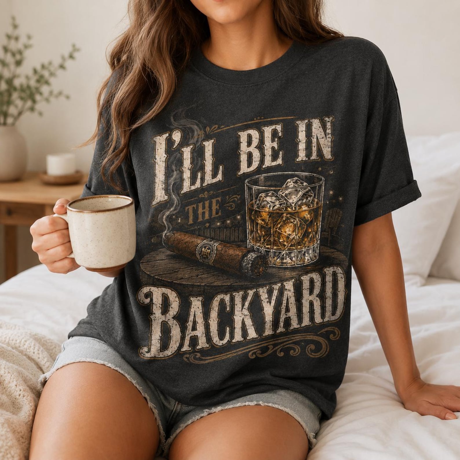 I ll Be In The Backyard Shirt, Cigar Whiskey Comfort Colors Black Tee, Funny Backyard Dad T-Shirt, Father s Day Gift For Men BBQ Tee XL