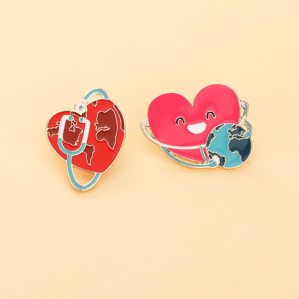 Novelty Red Stethoscope Heart And Earth Design Enamel Brooches Funny Doctor Nurse Golden Pins