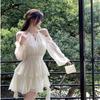 Fairy White Cold Shoulder Lantern Sleeve Dress Women High Waist Layered Ruffle Hem Short Dress Chiffon A-Line Casual Dress for Summer Beach Cocktail