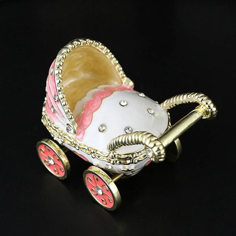 Sturdy Flip Top Enamel Coated Rhinestones Studded Jewelry Organiser Baby Carriage Shape Trinket Storage Box