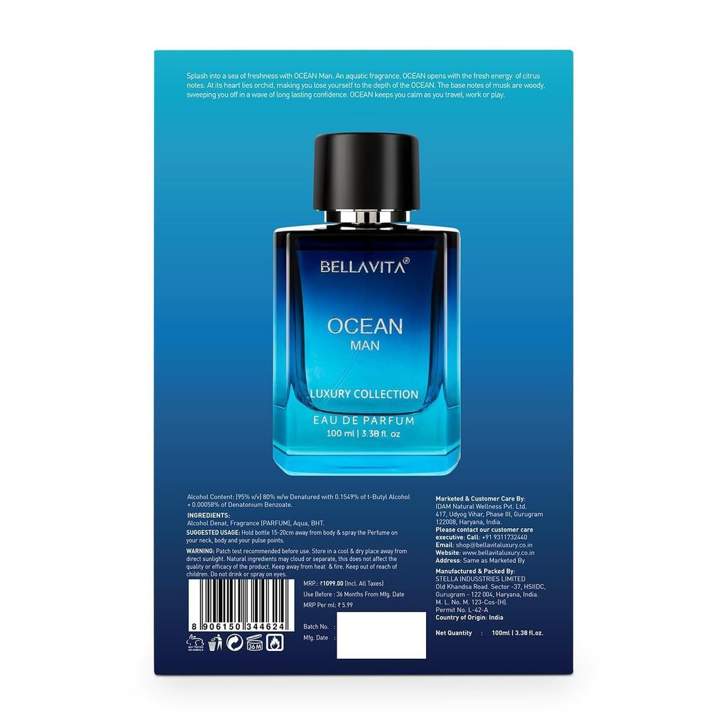 Bella Vita Luxury Men Ocean Aquatic Eau De Parfum 100 ML Long Lasting Fresh Citrus Woody Fragrance