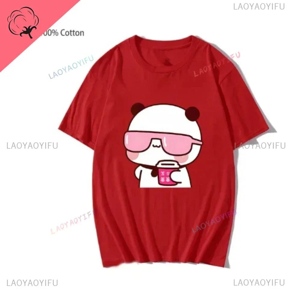 Couple Tee Bubu Is Watching Movies and Milk Tea with Dudu T-shirt Cartoon Cute Graphic Tees for Ladies Kawaii Cotton Unisex Tops