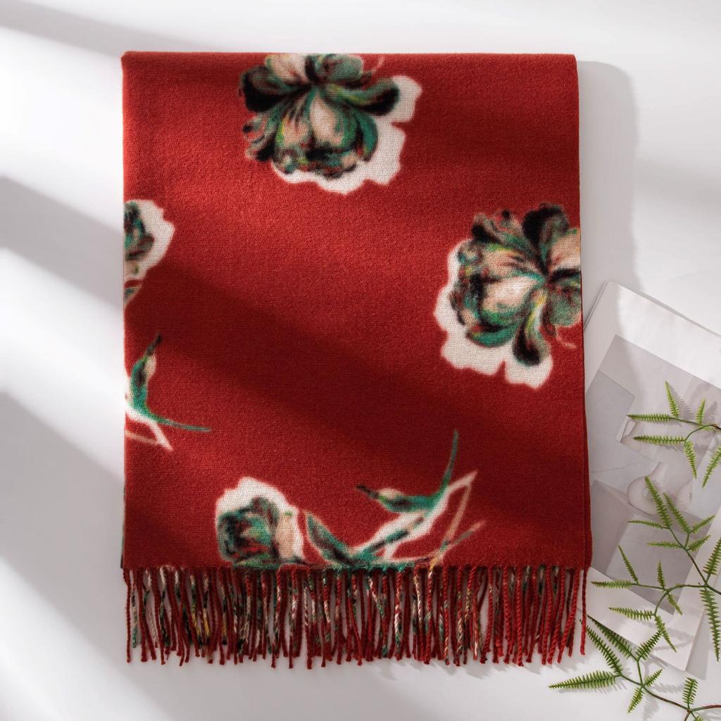 New Soft and Warm Imitation Cashmere Flower Print Tassel Scarf High End Women's Scarf Shawl