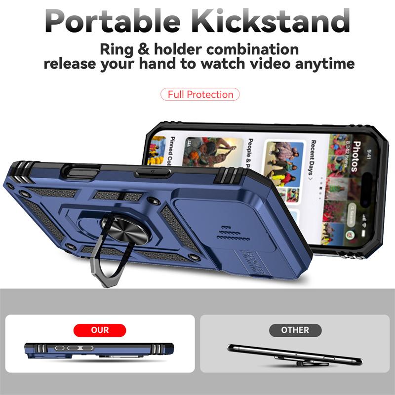 Slide Camera Armor Case For iPhone 16 15 14 13 12 11 Pro Max Mini XS XR X 7 8 Plus Cover Lens Protection Ring Stand Holder Funda