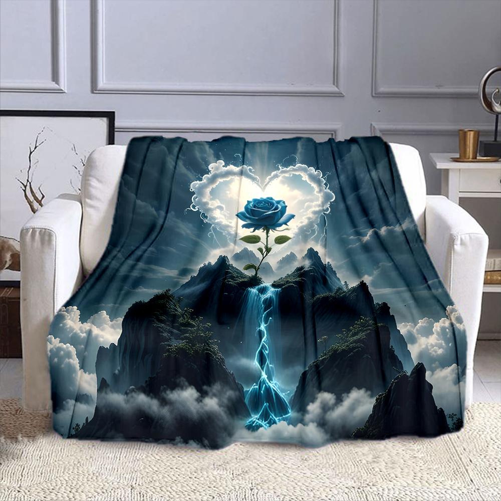 "Blue Rose with Heart-Shaped Clouds" Patterned flannel blanket perfect for the bedroom living room, sofa, or a little nap