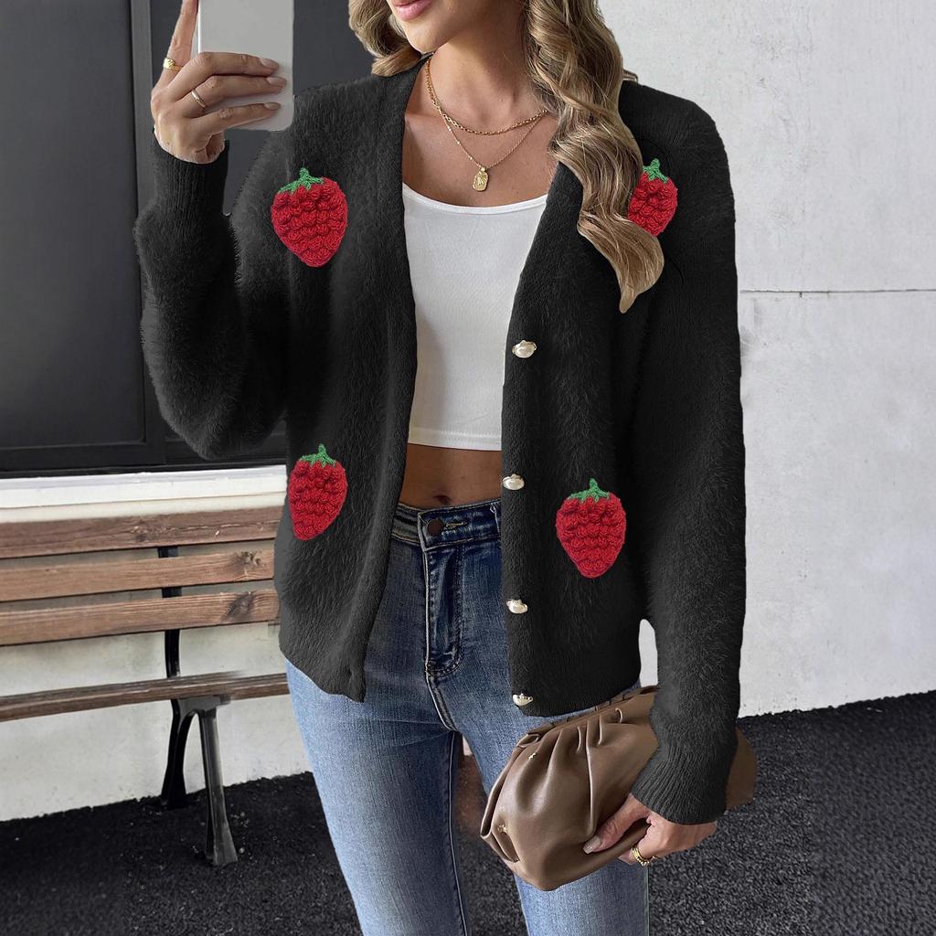 Women's Faux Mink Fur  Pearl Button Four Button Three-dimensional Embroidery Strawberry Patchwork Sweater Cardigan