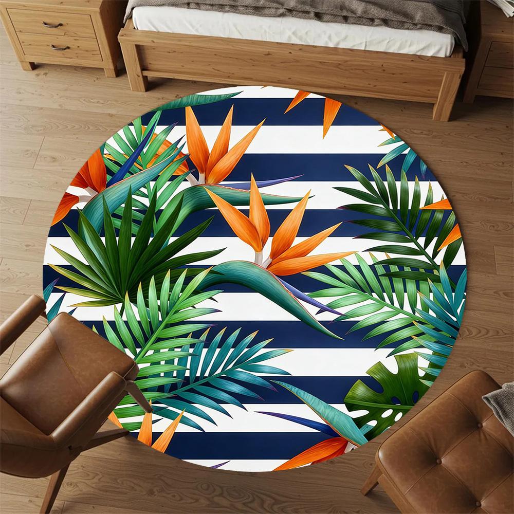1pc Tropical Leaves Stripes Round Chair mat office Area Rug - Non-Slip, Floor Mat for Office, Bedroom, and Indoor Decor p127183