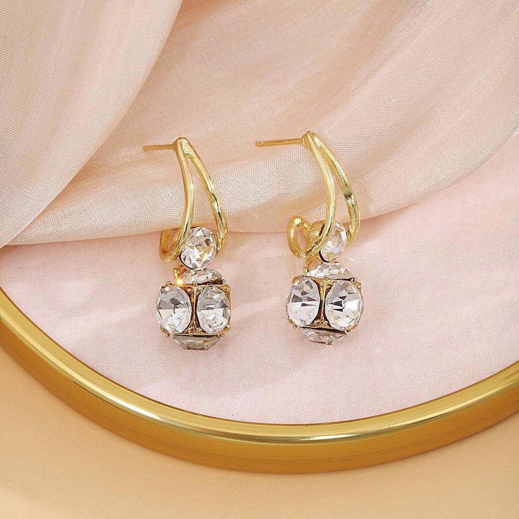 Korean-Style Luxury Geometric Diamond Earrings - Silver Needle Design for Women