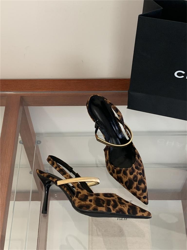 Pointed Leopard Print Bag Head Rear Empty Sandals Women'S Summer Thin Heel High Heel Single Shoes Versatile Suede Women'S Shoes