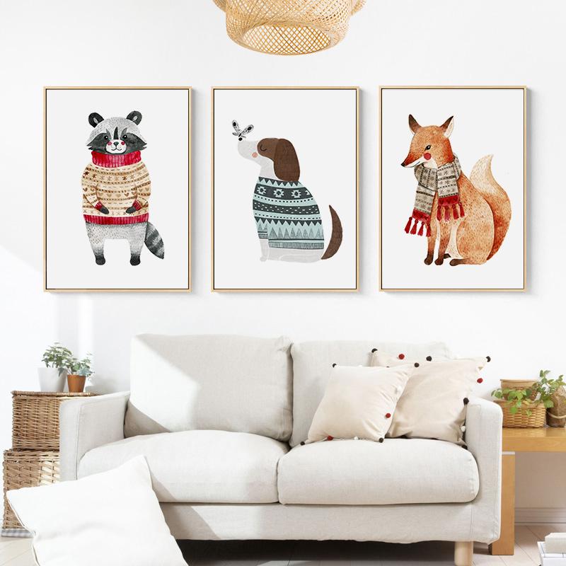 Fox Rabbit Bear Deer Nursery Wall Art Canvas Painting Posters Cartoon Animal In Sweater Print Wall Pictures Baby Kids Room Decor