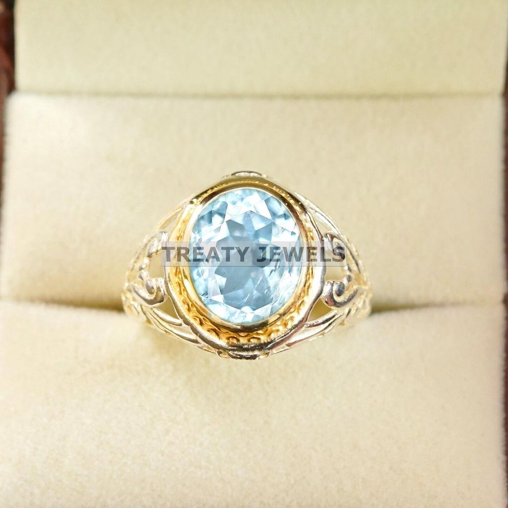 Aquamarine Oval Cut Gemstone With 925 Sterling Silver Ring For Men's #A752 JL375659092832