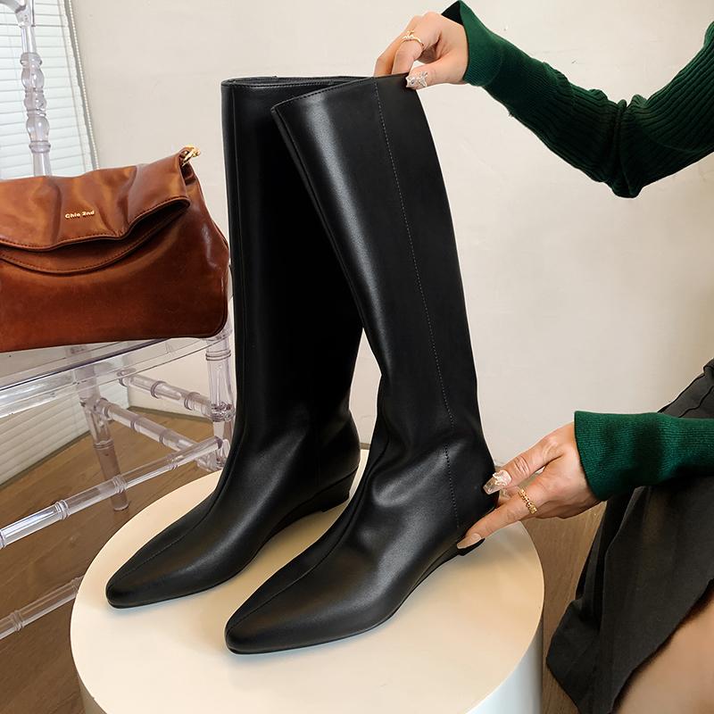 

Fashion 2025 New Pointed Toe Women Boots Med Heels Knee-high Boots Split Leather Fashion Party Ladies Shoes Female Wedges Women Boots 34
