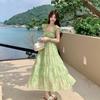 Women Green Floral Maxi Dress, Ruffle Sleeve Tiered Vacation Dress