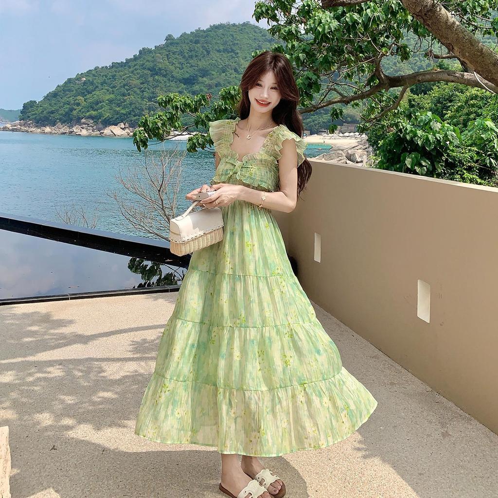 Women Green Floral Maxi Dress, Ruffle Sleeve Tiered Vacation Dress