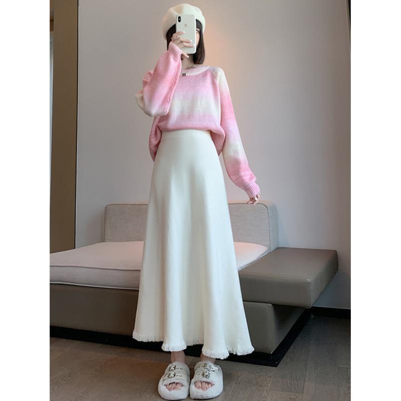 KANING Damen Quasten Wollstrick High Waist Midi Rock - Schlankmachend Unifarben für Herbst/Winter