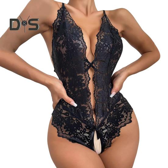 Sexy Dámské Body Průhledná vyhloubená krajka Mašlička Otevřený rozkrok Bez rukávů Sknny Nízký výstřih křížem na zádech nastavitelný popruh na špagety Svatba na líbánky