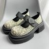 Guochao Style Platform Loafers Women's 2025 Spring New Embroidery Printing Velcro Shallow Mouth College Style Small Leather Shoes