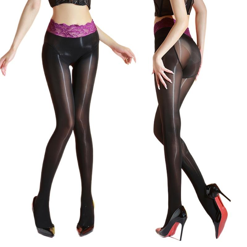 Sexy Women'S Stockings Lace High Waist Oil Shiny Glossy Seamless High Fork Pantyhose Transparent Ultra Thin Sheer Pantyhoses