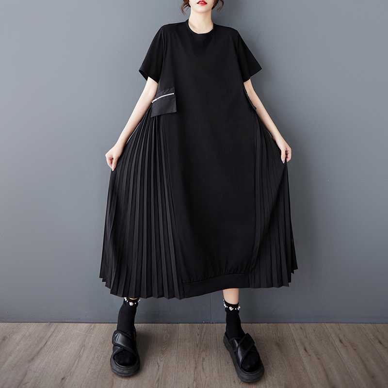 Women's Round Neck Short Sleeve Loose Fit Pleated Midi Dress High Waist Casual Midi Dress