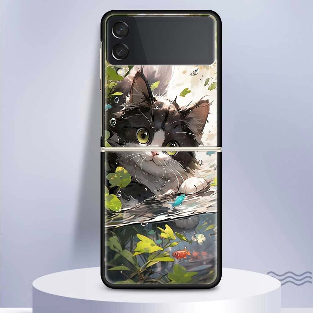 Cartoon Cute Cat Fish Aesthetic For Samsung Galaxy Z Flip 5 4 3 5G Phone Case Black Hard Cover ZFlip 5 4 3 Luxury Shockproof Bum