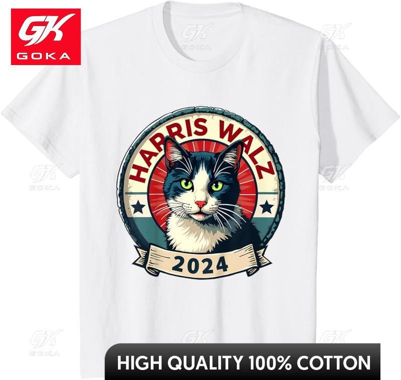 2024 Harris Waltz Funny Cat Election Kamala Harris Tim Waltz Boys Top Tshirt Cute Funny Vintage Graphic T Shirts S