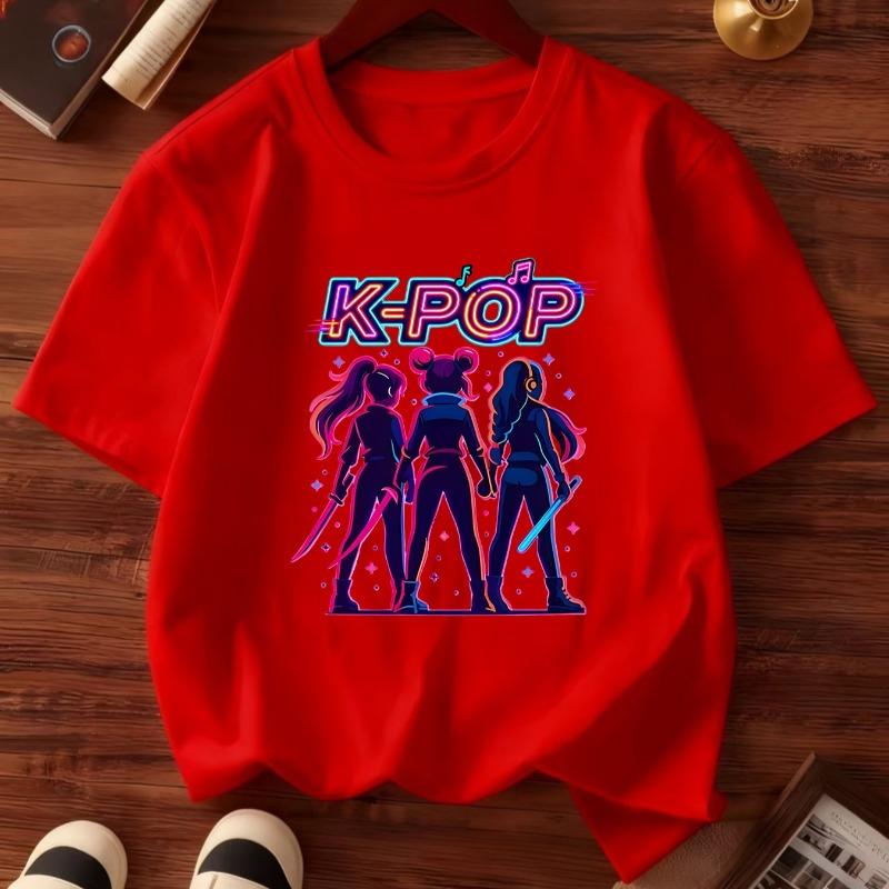Girls Crewneck Short Sleeve Tee, K-Pop Girl Group Character Print Casual Sport Fashion Summer Top