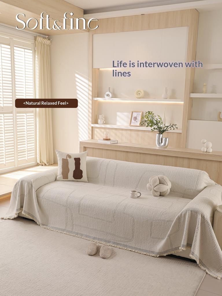 One Piece Full Protection Sofa Cover Embossed Brown Chenille Cat Proof Blanket for L Shape & Loveseat