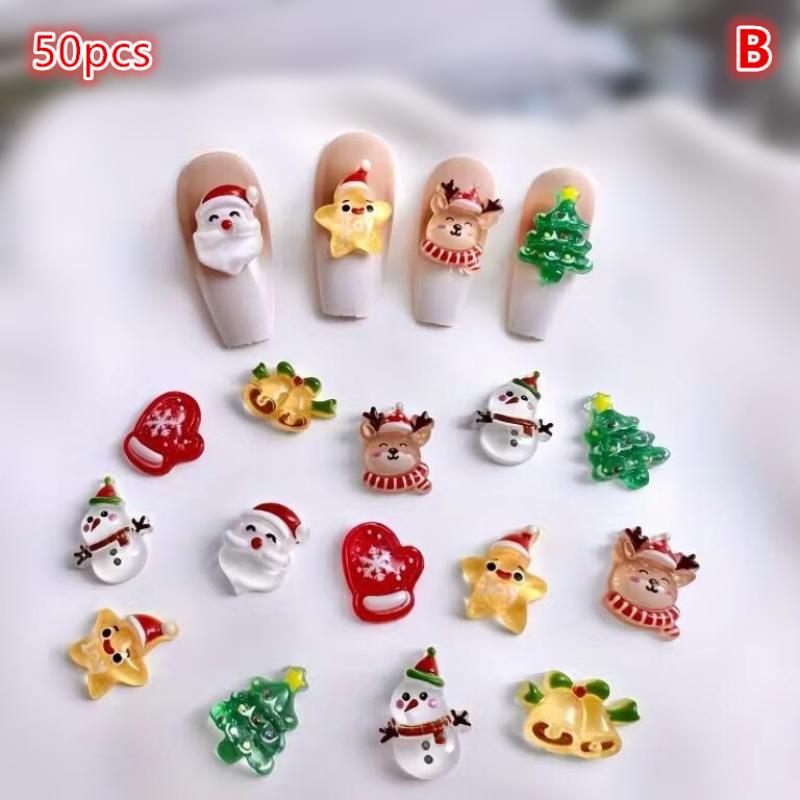 

50Pcs 3D Santa Claus Snowman Elk Christmas Nail Charms Cartoon Xmas Sock Resin Nail Art Decoration DIY Nail Rhinestones Resin