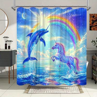 Magical Creatures Shower Curtain - Unicorn & Dolphin, Rainbow Dreamland, Watercolor Style, Water-Resistant Polyester