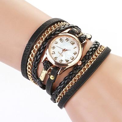 Frauen Vintage Multilayer Kunstleder Legierung geflochtenes Armband Armbanduhr Schmuck