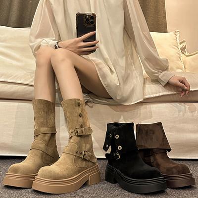 Fashion Boots Women's Autumn and Winter New Brown Thick-soled Two-wear Inner Height-increasing Small Medium Boots