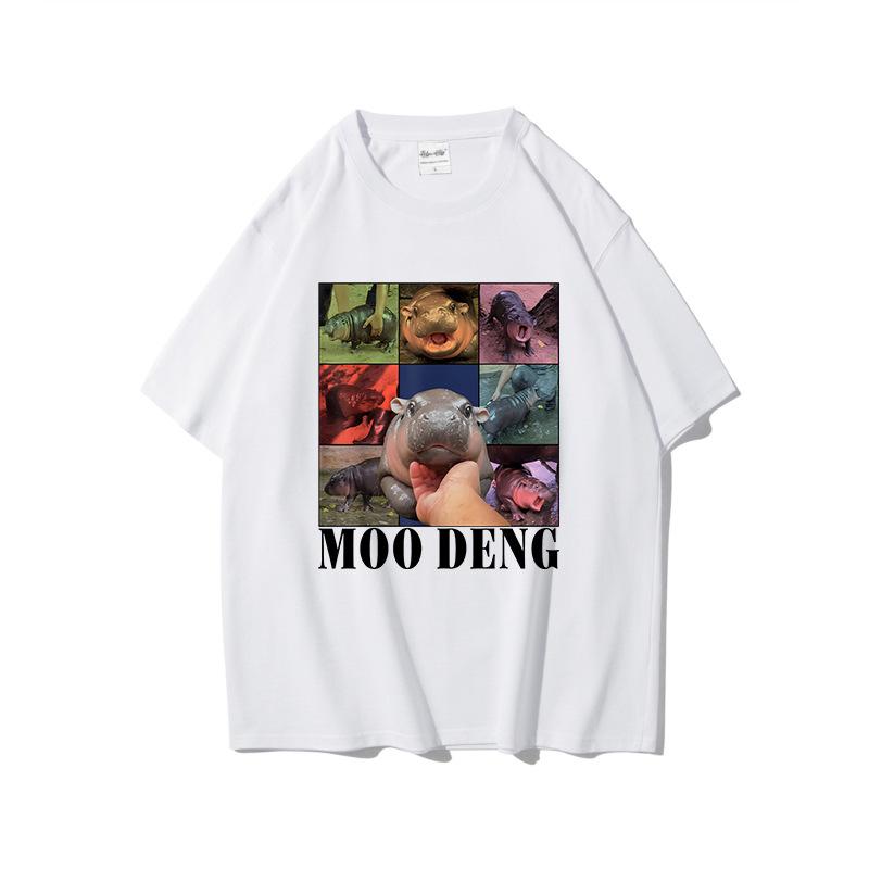Summer Pure Cotton Short Sleeved Creative Trend Bouncing Pig Moo Deng Printed Round Neck Sports Shirt Casual Versatile T-Shirts Women’s