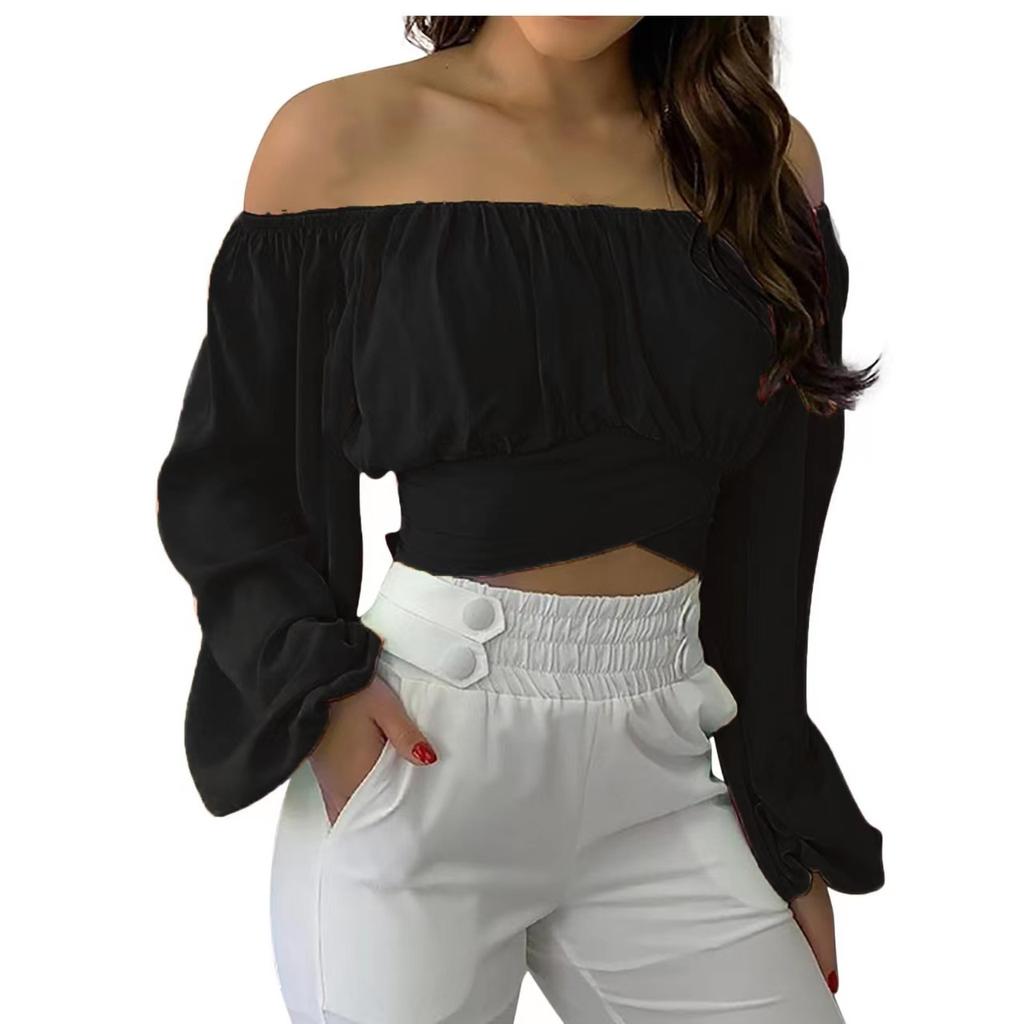 Women's Fashion Casual Summer Off Shoulder Cross Strap Long Sleeved Top