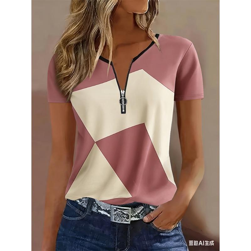 Color-block Quarter-zip T-shirt, Summer Casual Short-sleeve T-shirt, Women's Clothing