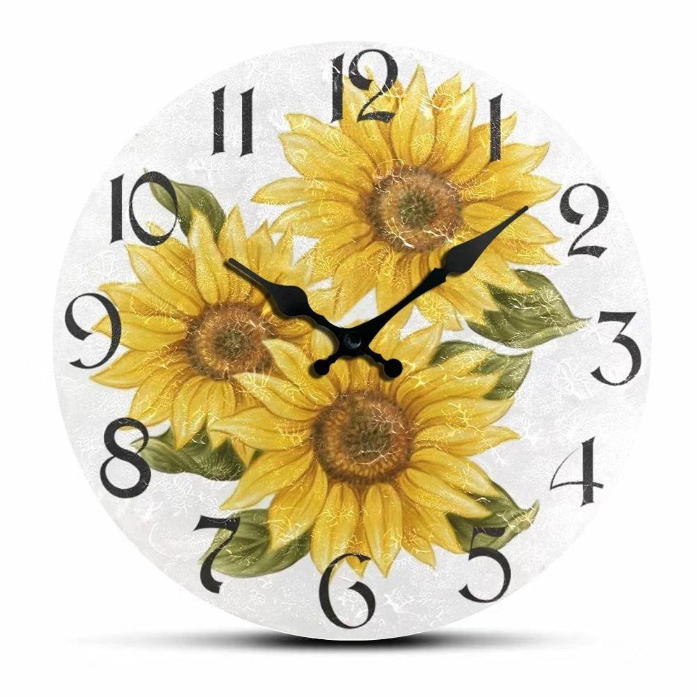 Wooden Retro Sunflower Clock Modern Round Silent Wall Clock Non-Ticking Hanging Wall Decor Clocks Bathroom