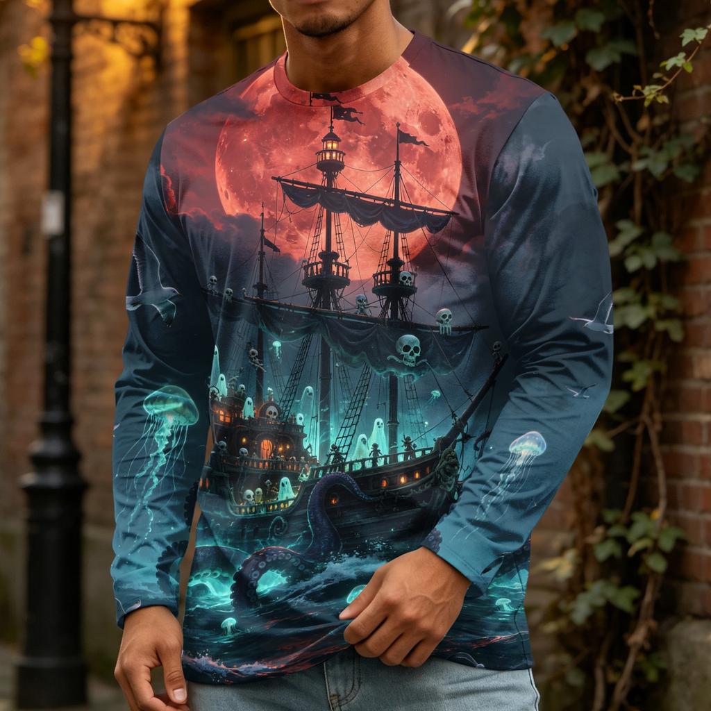 Men's Halloween Print Crewneck Long Sleeve T-Shirt for Casual Wear