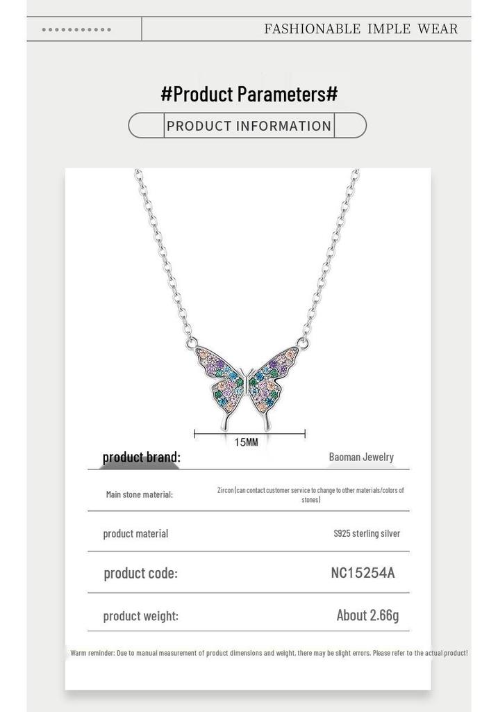 925 Sterling Silver Gradient Butterfly Necklace with Colorful Zircon Pendant for Women