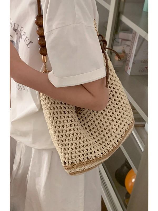 Mori Hollow Woven Bag Female, Lazy Wind Ins Korean Literary Tote Bag Beaded Large-capacity Shoulder Straw Bag
