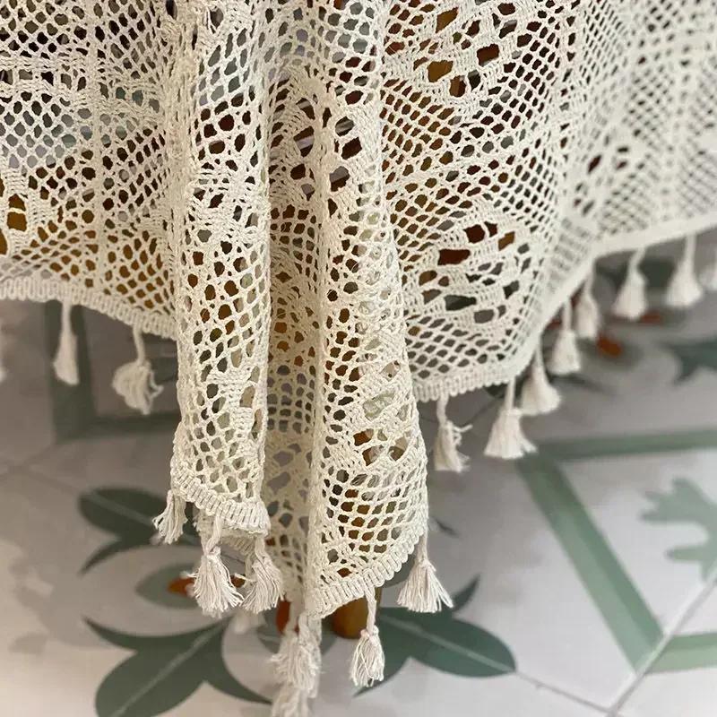 Häkelspitze Tischdecke Beige Baumwollgarn Gestricktes Karomuster Esstischdecke Quasten Rund Quadratisch Schreibtischabdeckungen