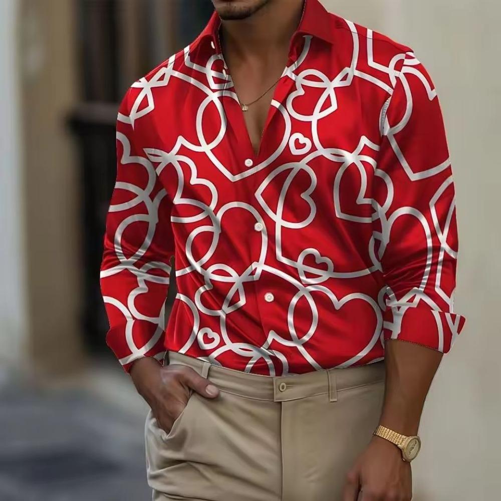 Regalo Romantico da Uomo Camicia a Forma di Cuore Manica Lunga Moda Casual Estate Primavera Autunno Collo a Revers Stampa 3D Camicie Botton-up