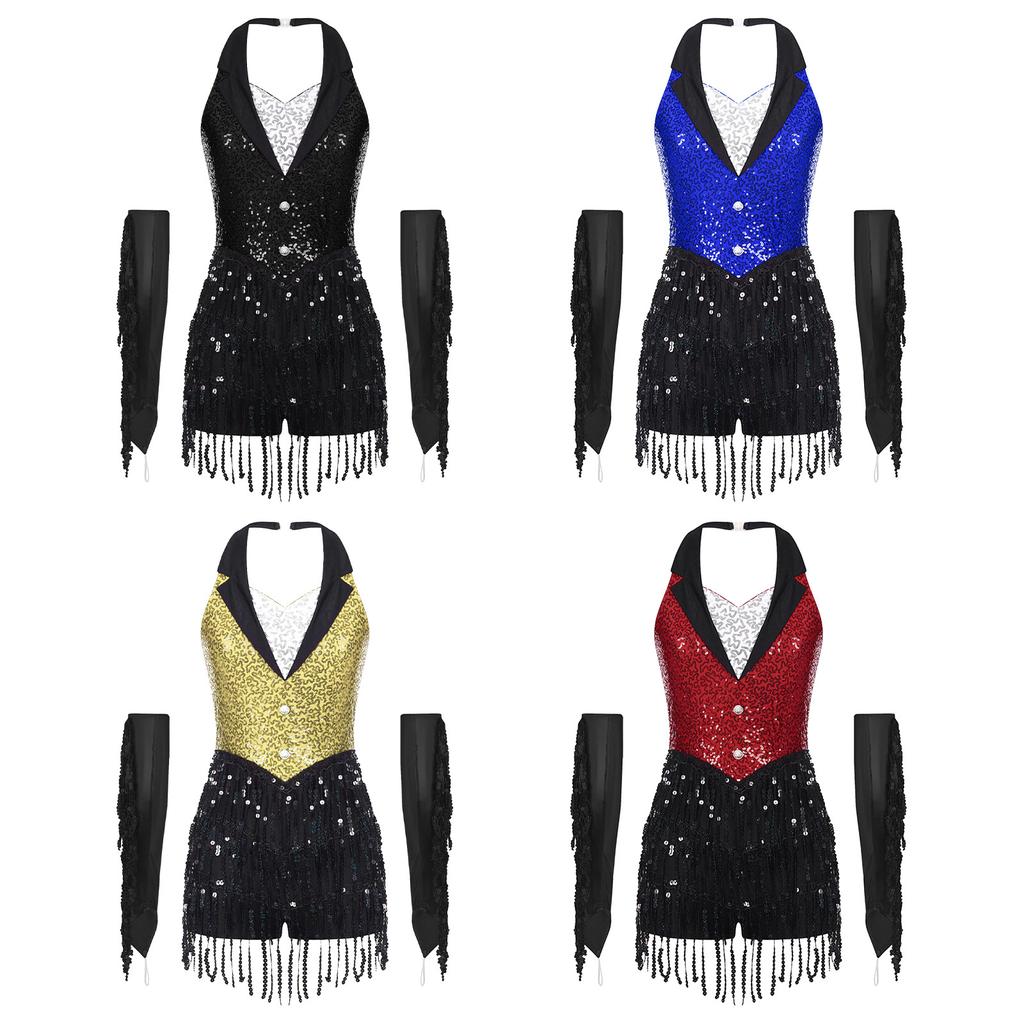 Womens Latin Dance Leotard Halter Sleeveless Backless Sparkling Sequins Tassel Design with Metallic Gloves Performance Wear
