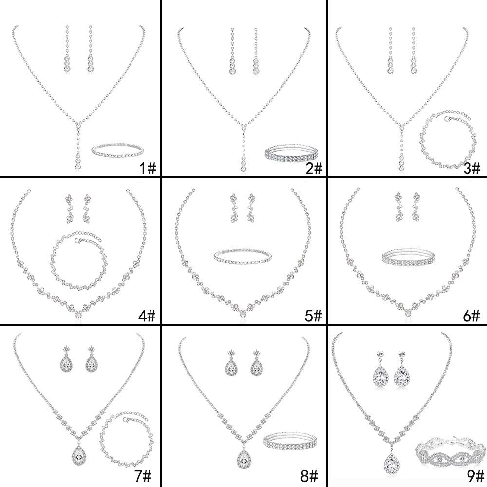 Bridesmaids Ball Outfit Rhinestone Jewelry Set Bridal Wedding Metal Zircon Water Drop Wave Necklace Earrings Bracelet