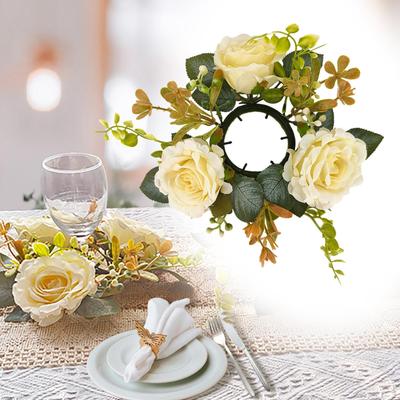 Artificial Rose Candle Wreath Flower Floral Garland Candles Holder for Table Centerpiece