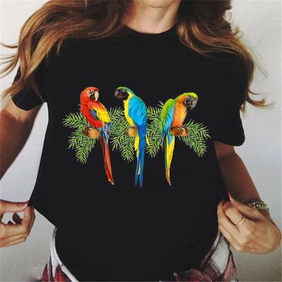 Colorful Parrot With Tropical Flowers Print T Shirt Women Cockatiels Bird Black Tshirt Femme Kawaii Clothes Female T-Shirt Tops