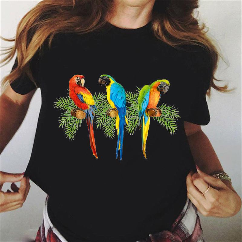 

Colorful Parrot With Tropical Flowers Print T Shirt Women Cockatiels Bird Black Tshirt Femme Kawaii Clothes Female T-Shirt Tops 5XL