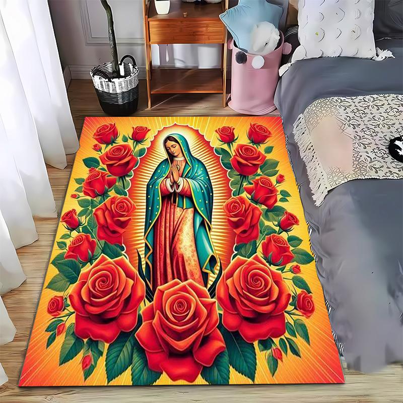Virgin Mary with Red Roses Carpet Non-slip Rug Suitable for Living Room and Bedroom Sofas