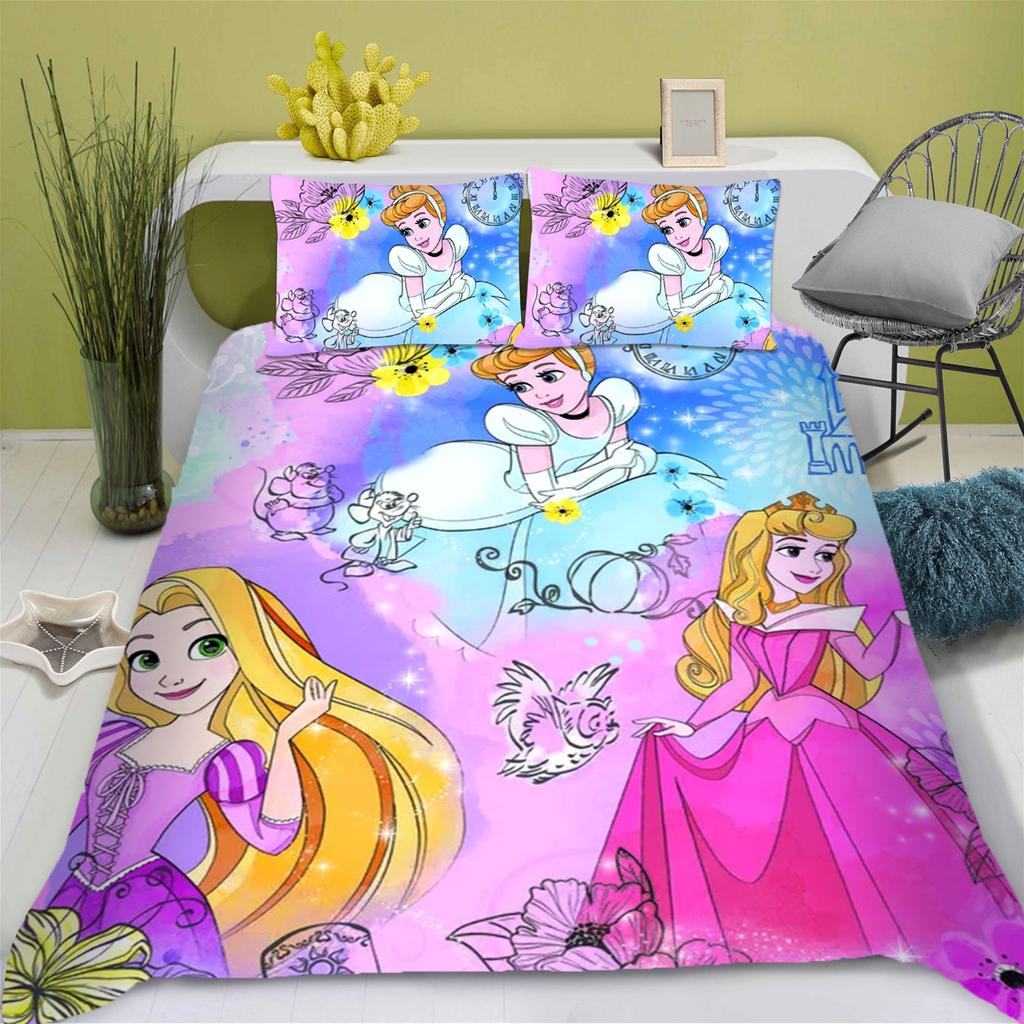 Disney Prinzessin Serie 100% Polyester Bettwäsche Set Bettbezug Für Zuhause 3-teiliges Set 1 Bettdeckenbezug Anime Niedlich Bedruckt Cartoon