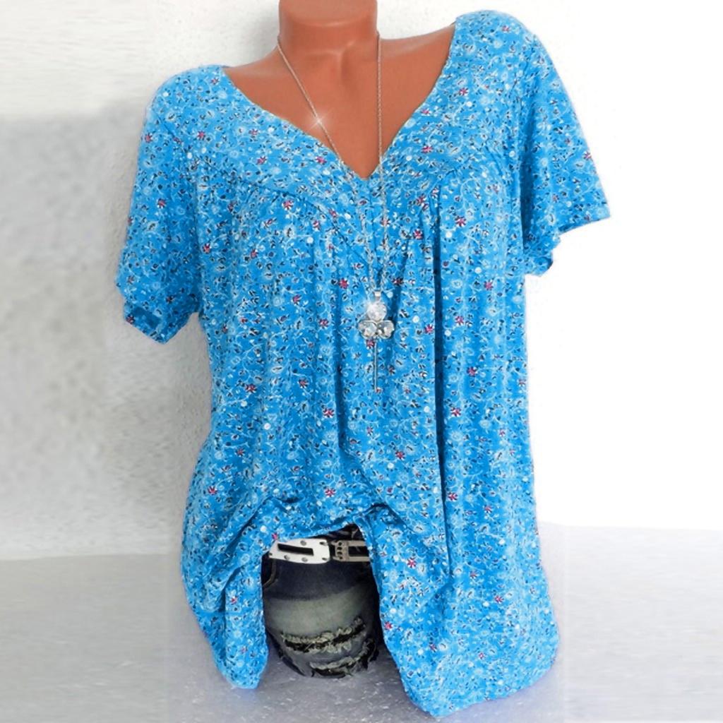 Women Plus Size Short Sleeves V-Neck Print Blouse Pullover Tops Shirt