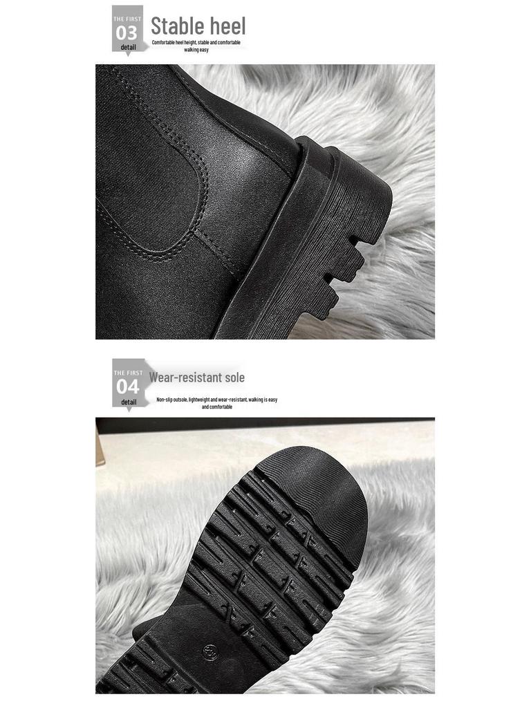 Dámské kožené boty Martin v britském stylu do půli lýtek na silné podrážce Chelsea, trendy podzimní komínový styl